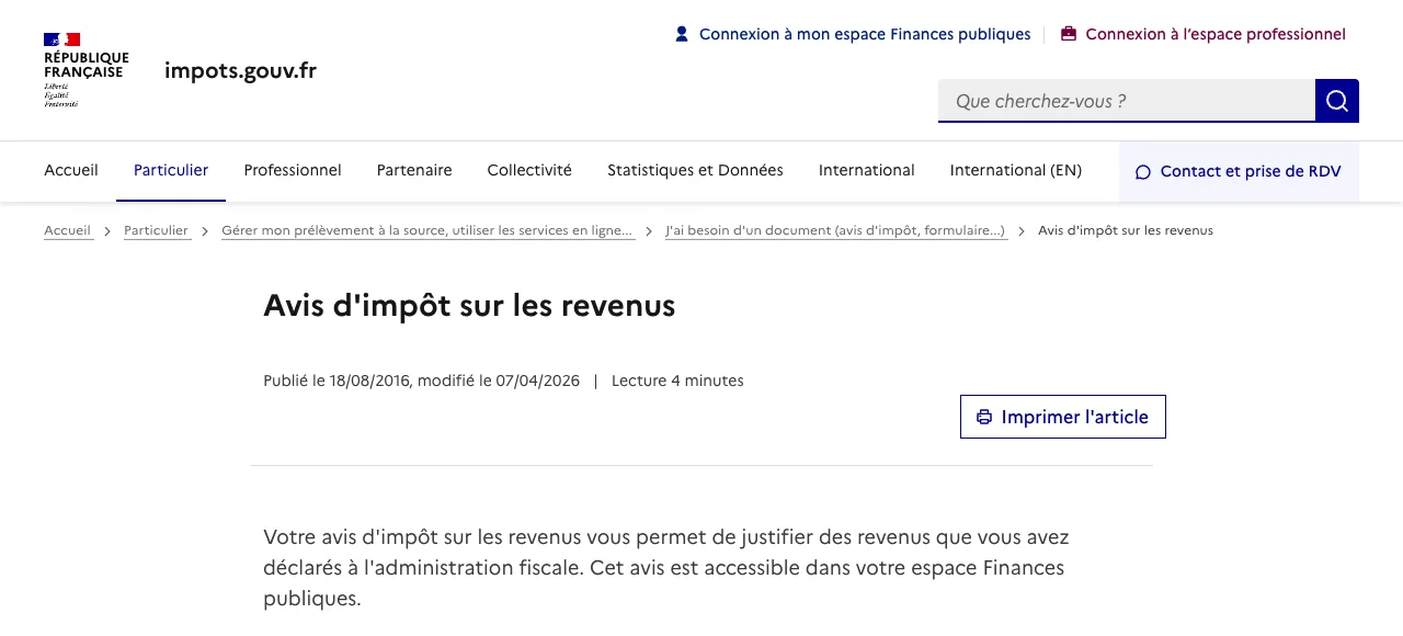 página do impots.gouv.fr «Aviso de imposto sobre o rendimento»